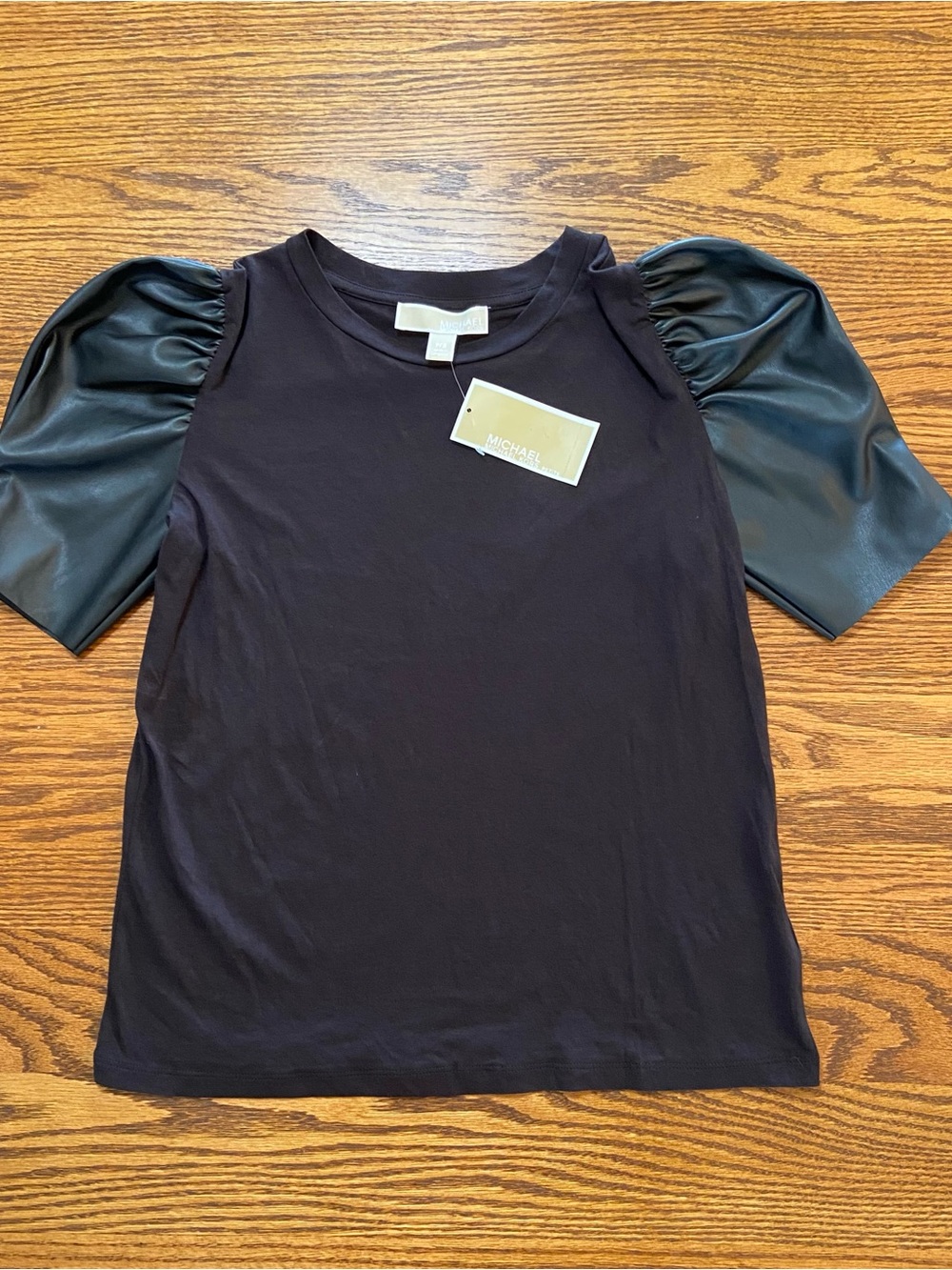 NWT Michael Kors SZ Petite S Black Short Sleeve Tee Faux Leather Puff Sleeves